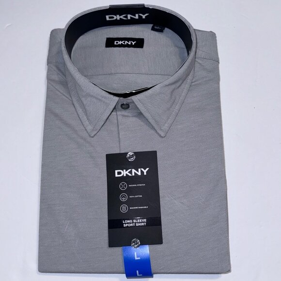DKNY Long Sleeve Shirt Large Light Gray Natural Stretch Mens Apparel Office Work - Picture 1 of 4
